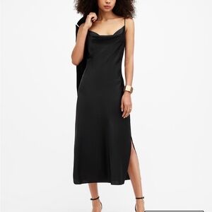 AllSaints Hadley Cowl Neck Slip Midi Dress (Black with Side Slit)